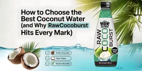 Bottle, can and glass with coconut water and fresh coconuts.